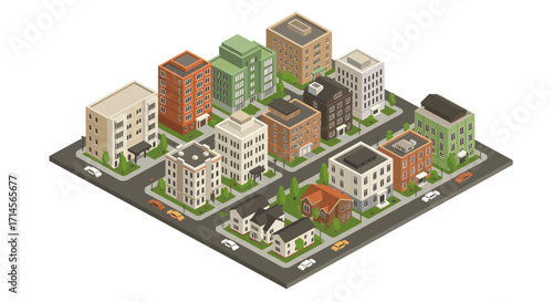 Isometric urban neighborhood with colorful residential buildings and streets