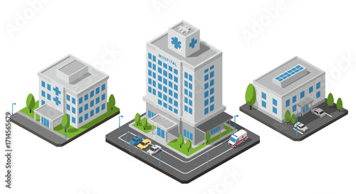 Isometric hospital complex with main building and medical facilities