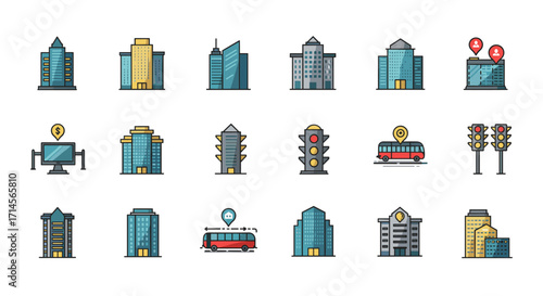 Urban buildings and transportation icons set in flat style