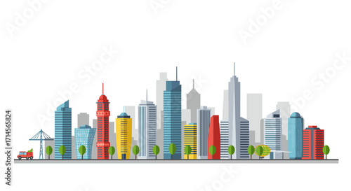 Modern urban skyline with diverse skyscrapers and green spaces
