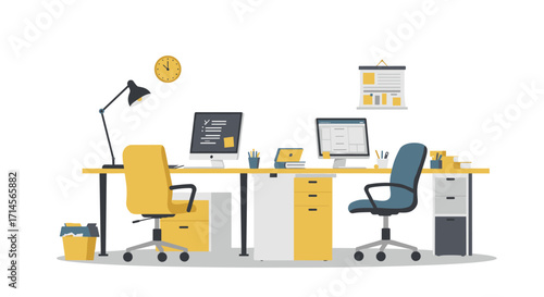 Modern office workspace with computers and chairs in minimalist flat style