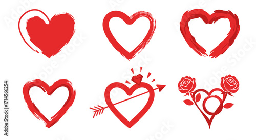 Set of red brush heart symbols with floral and arrow elements