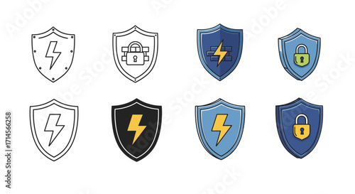 Diverse shield icons with lightning and lock symbols in flat and outline designs