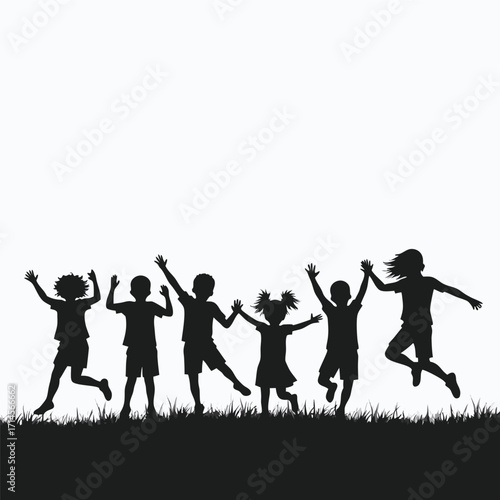 Silhouettes of diverse children jumping with joy on grass
