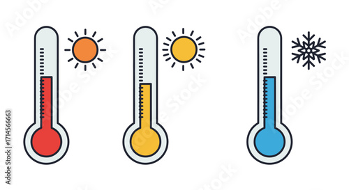 Colorful thermometers indicating hot moderate and cold temperature levels with sun and snowflake icons