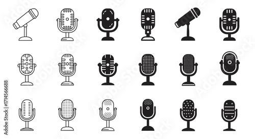 Retro microphone patterns: black and white icon set for vintage audio equipment themes