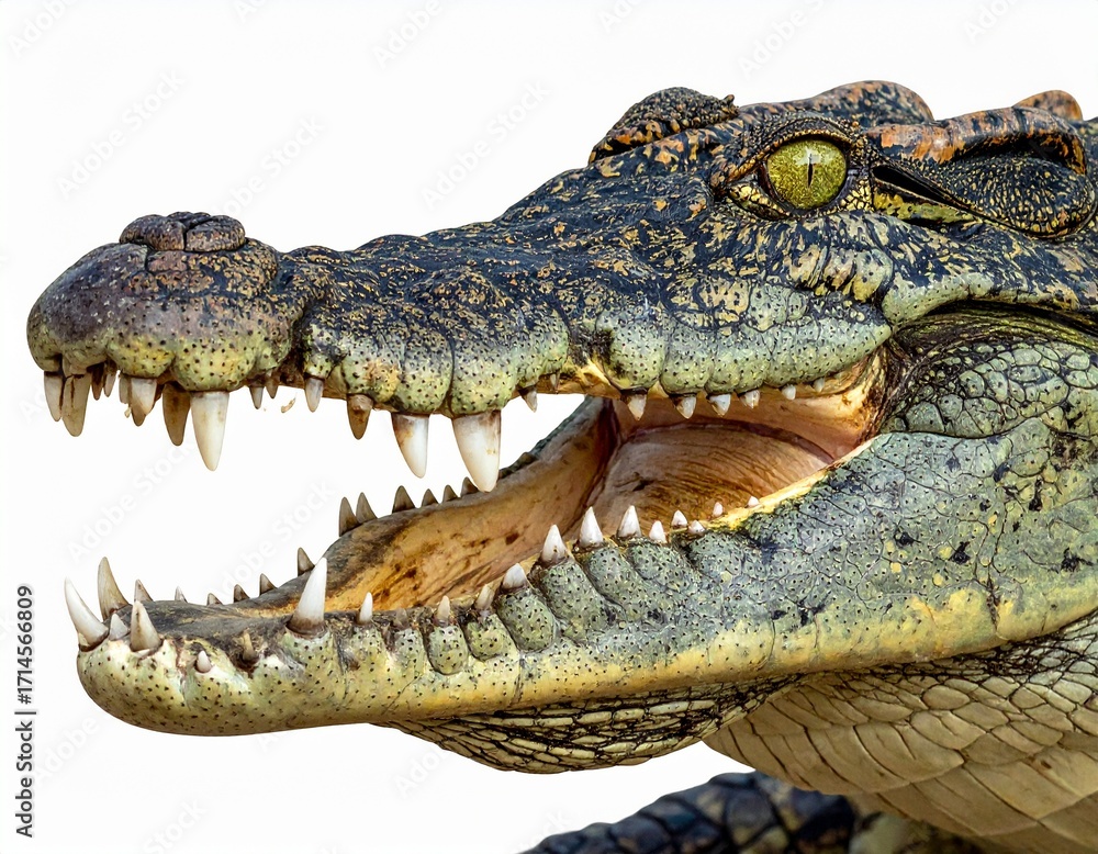 Obraz premium Close-up of big crocodile open mouth with sharp teeth, isolated on white background. 