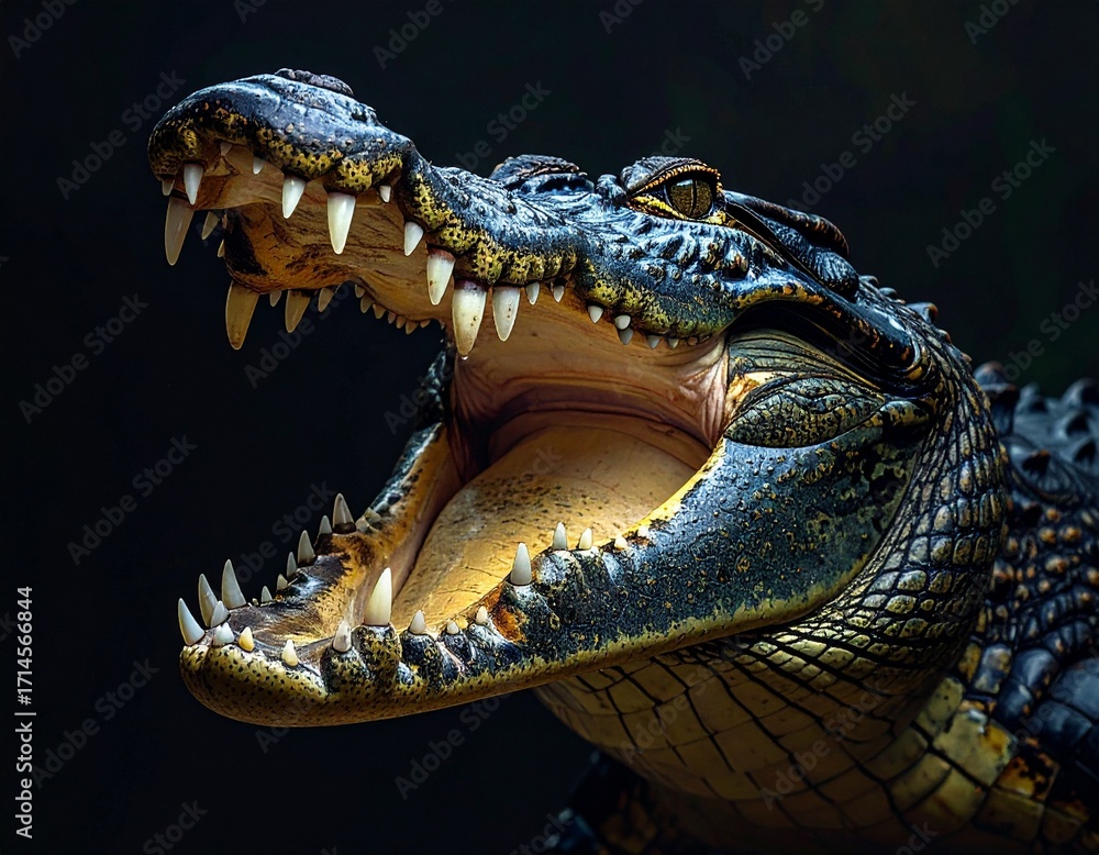Fototapeta premium Close-up of big crocodile open mouth with sharp teeth, black background. 