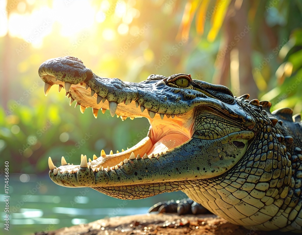 Obraz premium Close-up of big crocodile open mouth with sharp teeth, on green jungle background. 