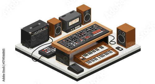 Retro music studio equipment in isometric design with synthesizer and speakers