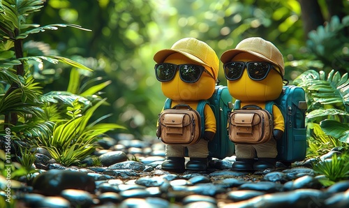 Two cartoon hikers in a lush jungle