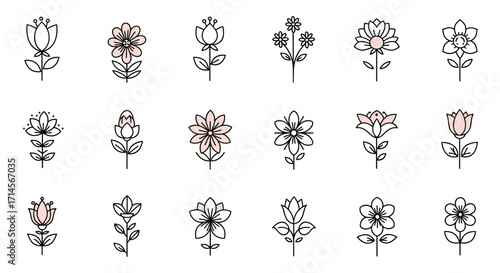 Elegant floral icons: minimalist blossoms collection in soft pastels