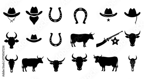 Western silhouette collection: cowboy hats, cattle, horseshoes, and guns