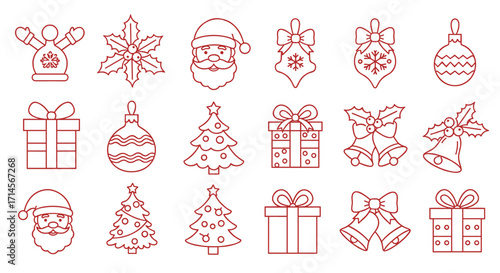 Festive christmas icons collection: red linear designs with holiday symbols
