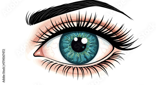 Detailed close-up of a blue eye with eyebrow and lashes on white background