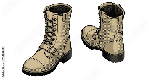 Detailed vintage combat boots in isometric pop art style on white background