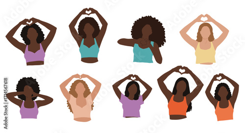 Diverse women showing heart gesture in colorful outfits