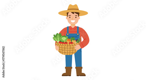 Smiling farmer holding basket with fresh vegetables in flat style