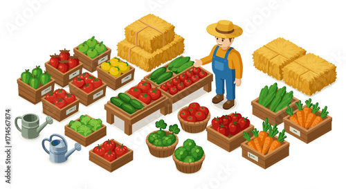 Farmer with fresh produce surrounded by vegetables and hay bales in isometric market scene