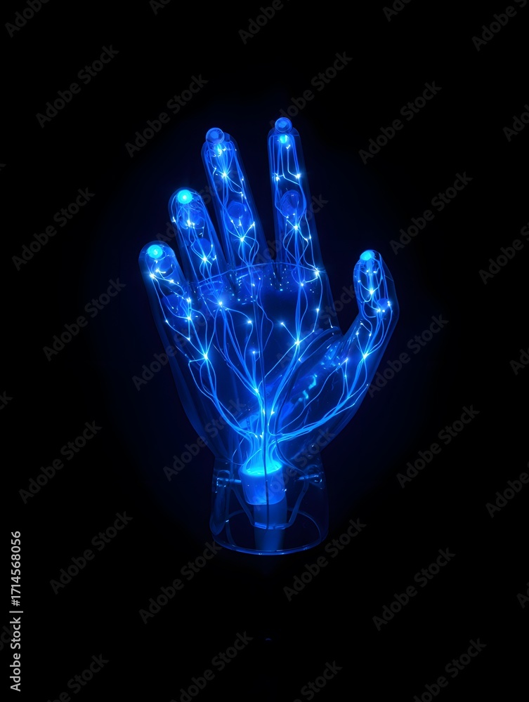 Naklejka premium Glowing blue hand made of lights against a dark background