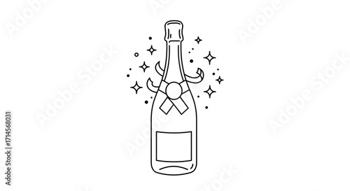 Celebratory champagne bottle with festive sparkles in minimalist line art style