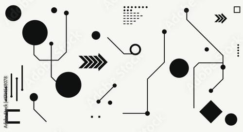 Abstract geometric circuit with dots and lines in minimalist black and white design