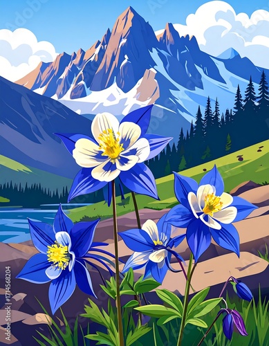 Mountain flowers by a lake