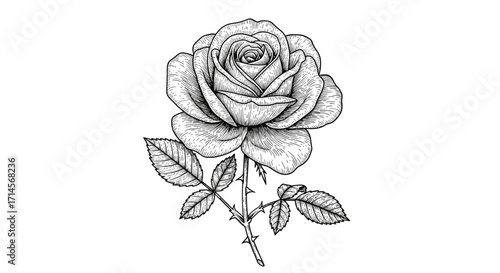 Intricate black and white rose sketch with detailed petals and leaves