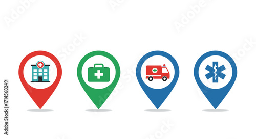 Healthcare location icons set featuring red blue green pins with medical symbols for emergency services