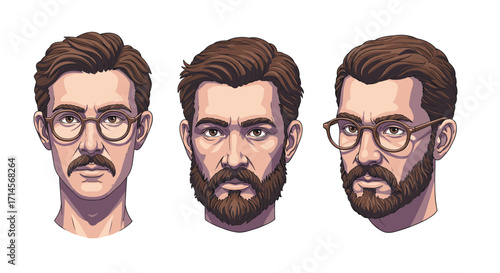 Diverse bearded male portraits with glasses in detailed art style