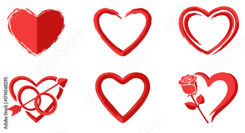 Various red heart icons with romantic designs inspired by love and affection