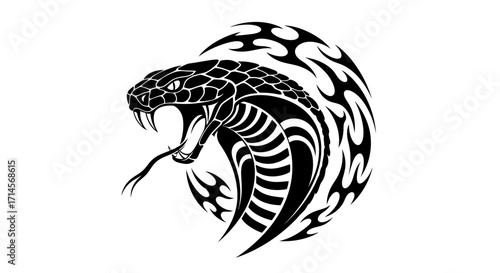 A striking black and white tribal tattoo design featuring a cobra with its hood flared and fangs bared.