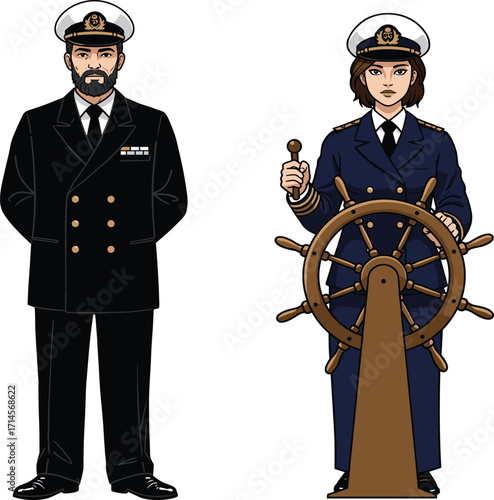 Naval officers, ship command, maritime leadership, nautical attire, captain illustration, ship wheel, ocean navigation, navy uniform, authority, teamwork, sea 