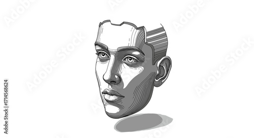 Monochrome futuristic bust with geometric details on white background
