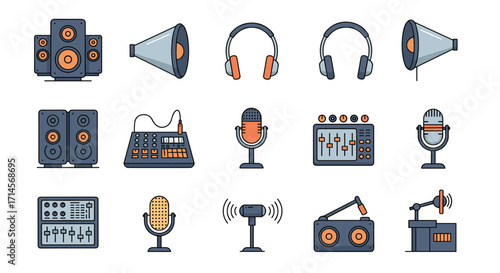 Comprehensive collection of audio equipment icons in modern flat design