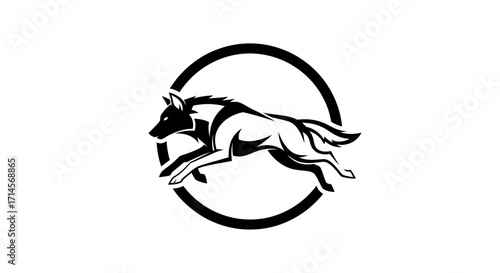 A black and white illustration of a wolf running inside a circle.