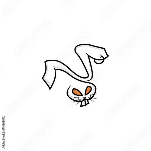 Cartoon illustration of a white rabbit upside down with orange eyes.