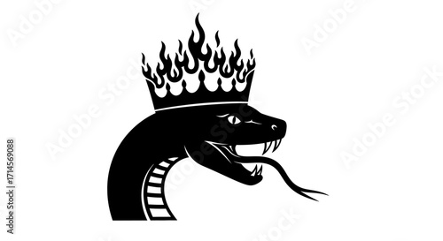 A black silhouette of a snake wearing a crown of flames, with its tongue flicking out.