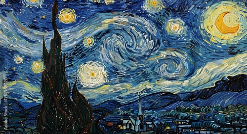 Starry night with swirling sky, glowing stars, crescent moon, and cypress tree over a village