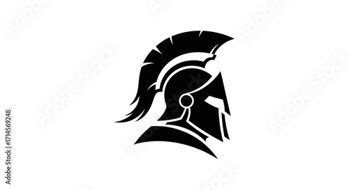 A striking black silhouette of a Spartan warrior's helmet with a prominent crest, set against a clean white background.