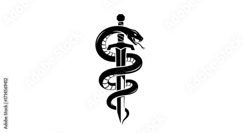 A black and white illustration of a snake coiled around a sword, symbolizing power and danger.