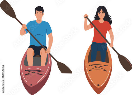 Outdoor adventure kayaking on calm water, two people paddling in colorful kayaks, summer sport activity, fitness, travel, nature, recreation