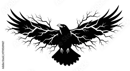 A striking black raven with outstretched wings, intricately designed to resemble bare tree branches against a white background.