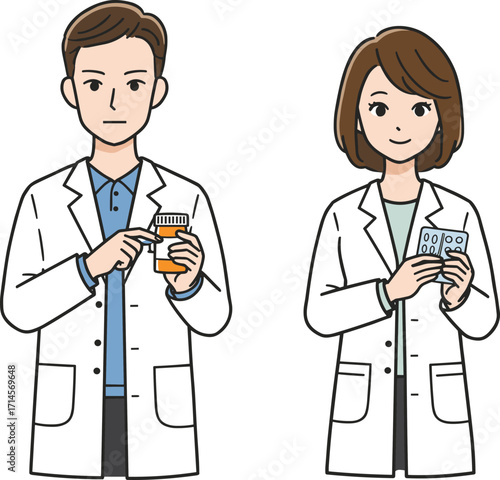 Pharmaceutical research illustration, scientists with lab tools and medication, clinical attire, healthcare professionals, medical analysis scene, drug development concept