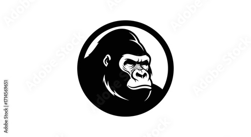 A striking black and white illustration of a gorilla's head within a circular frame.