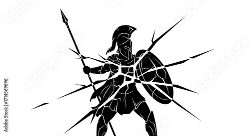 A silhouette of a warrior in ancient Greek armor, holding a spear and shield, appears to be shattering into sharp fragments.