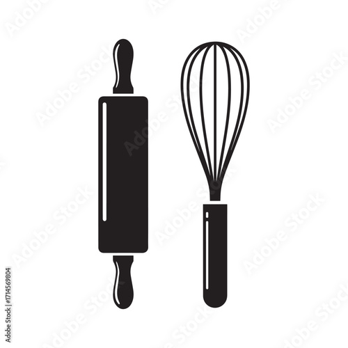 Minimalist rolling pin and whisk icon set isolated on white background