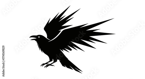 A stylized black raven with sharp, angular wings spread wide against a white background, conveying a sense of dynamic movement and power.