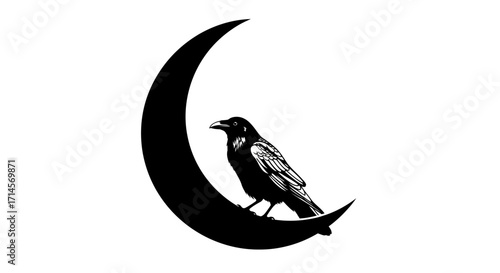 A black raven perched on a crescent moon, rendered in a stylized, graphic illustration.