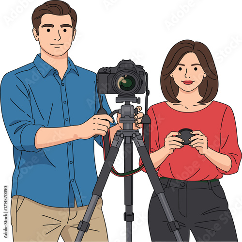 Photography setup teamwork, tripod camera adjustment, lens cap handling, professional gear, photo shoot preparation, creative collaboration, visual hobby, DSLR scene